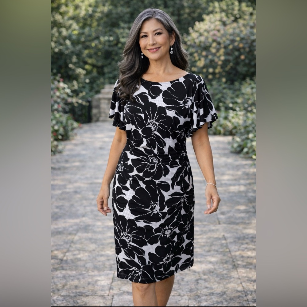 Connected Dress 12 Black White Short Sleeve Sheath Washable Career Church NEW